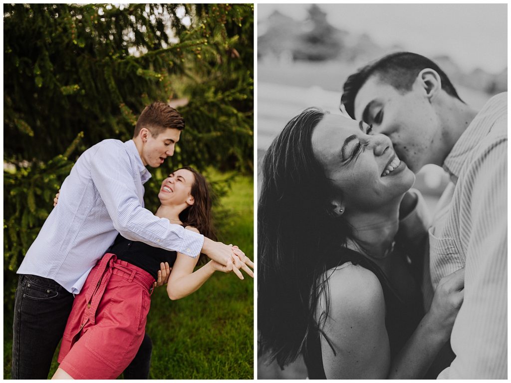 couple pose dancing, dipping, and laughing while kissing cheek