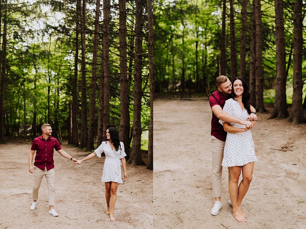 couple walking holding hands and hugging