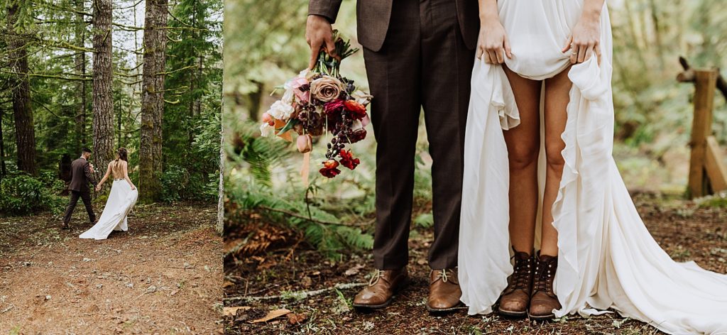 bride and groom walking in woods and showing their shoes