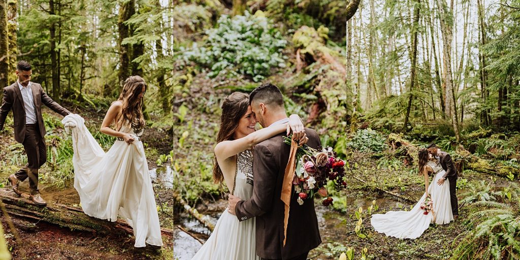 bride and groom in woods 