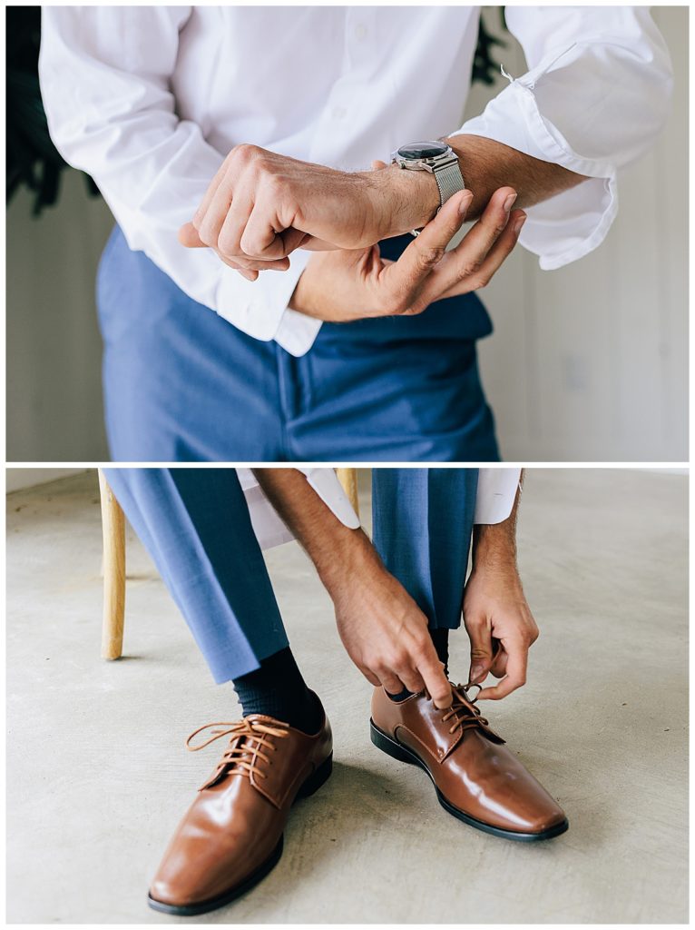 Details of grooms watch and wedding shoes by Detroit Wedding Photographer