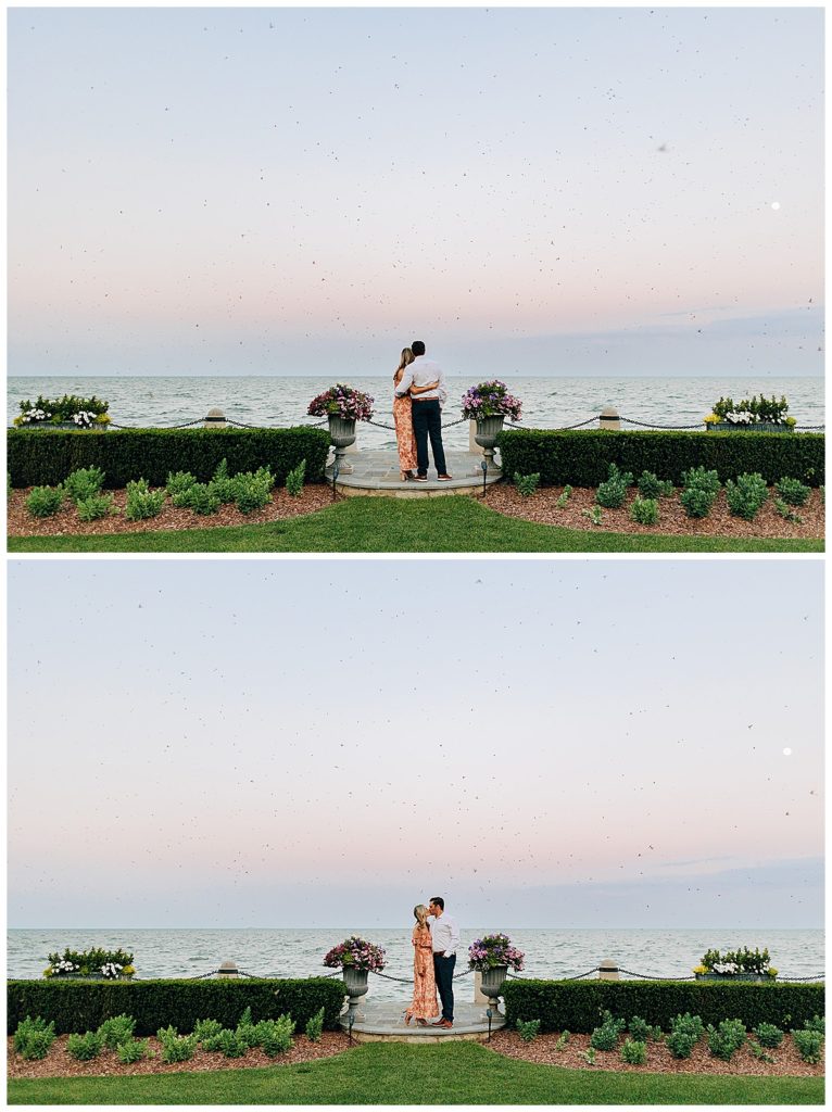 Looking at waterfront couples is sharing a hug for Detroit Wedding Photographer