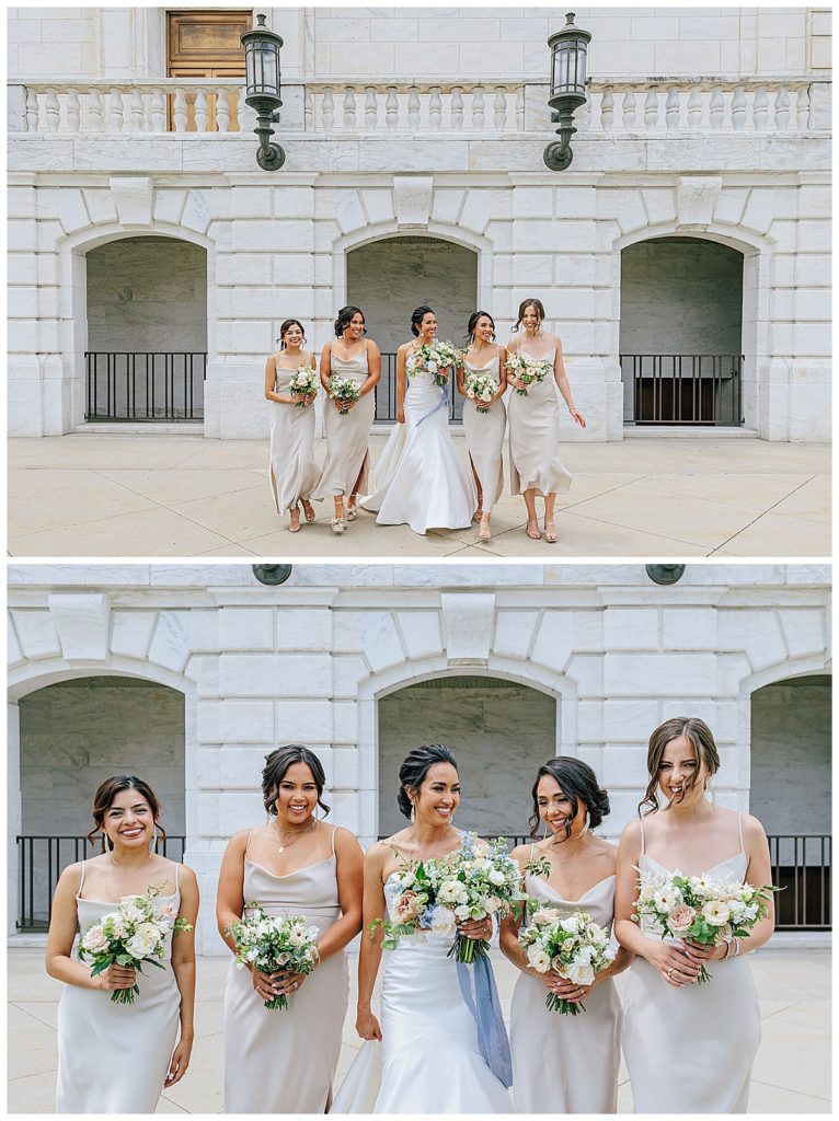 Wedding party walks around bride for Kayla Bouren Photography