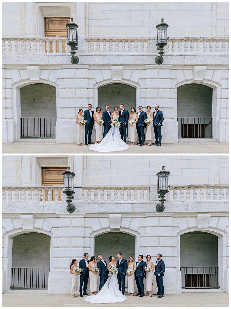 Wedding party laugh and smile with bride and groom for Chic Detroit Wedding