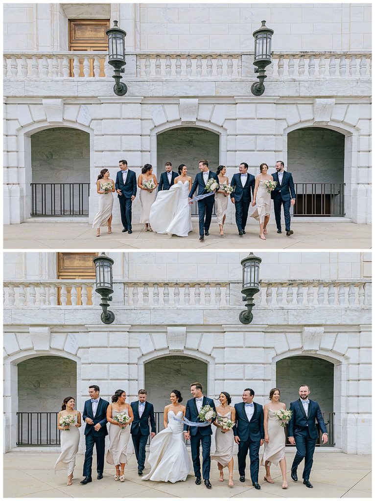 Wedding party laugh with bride and groom for Detroit Wedding Photographer
