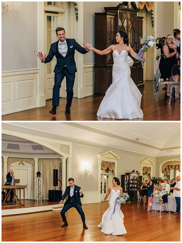 Husband and wife enter ballroom dancing for Chic Detroit Wedding