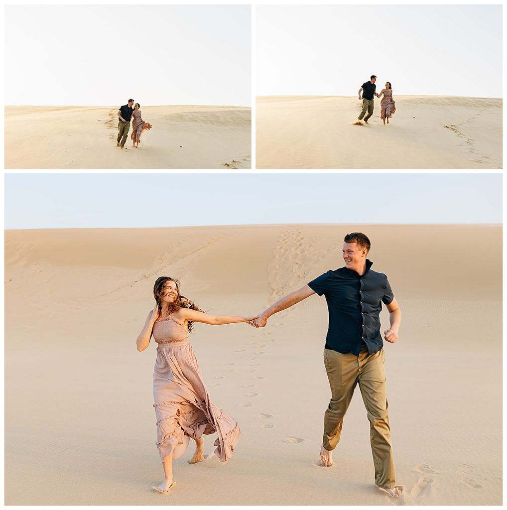 Playful couple runs through sand by Detroit Wedding Photographer