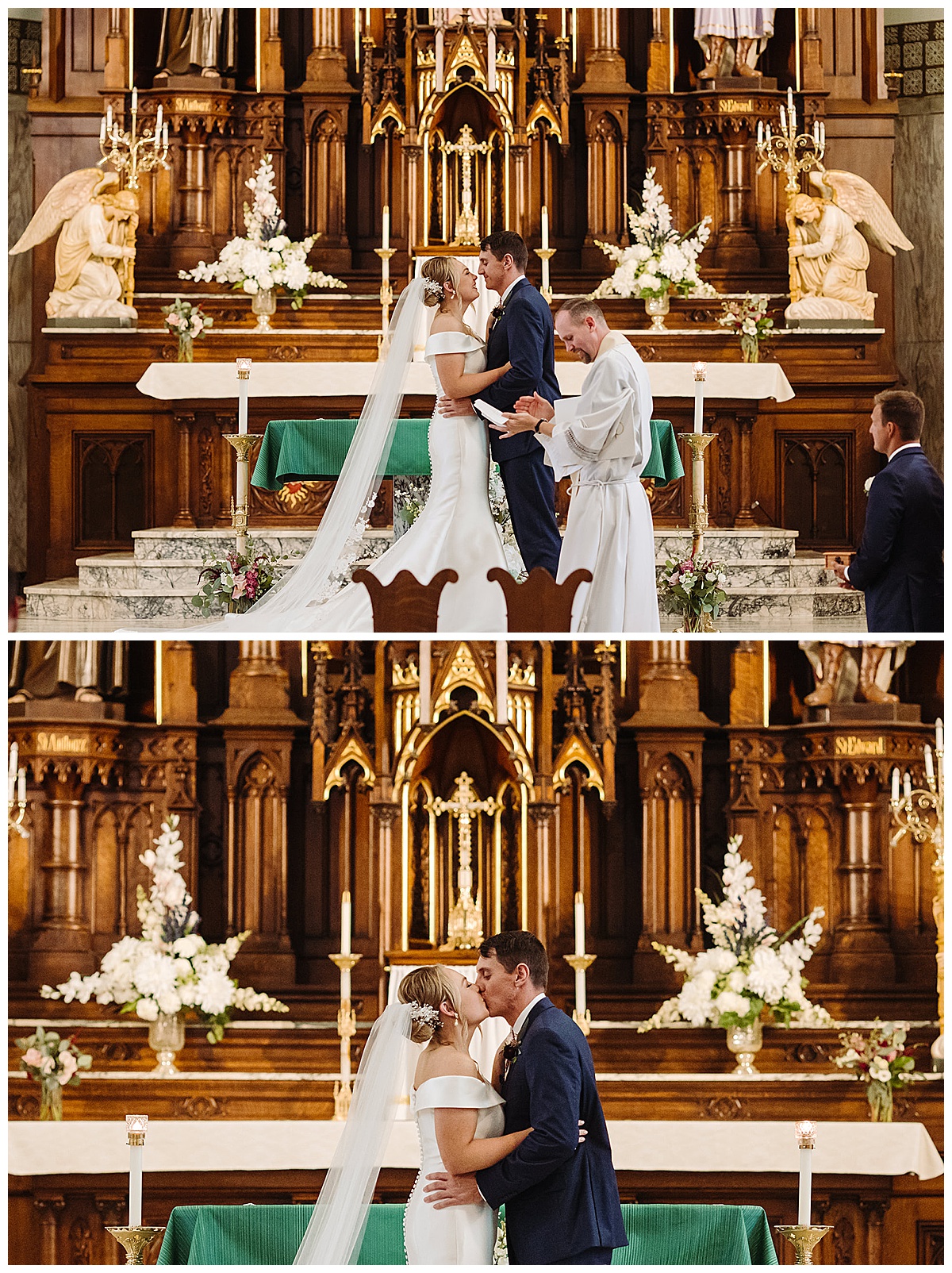 Bride and groom share their first kiss for Kayla Bouren Photography