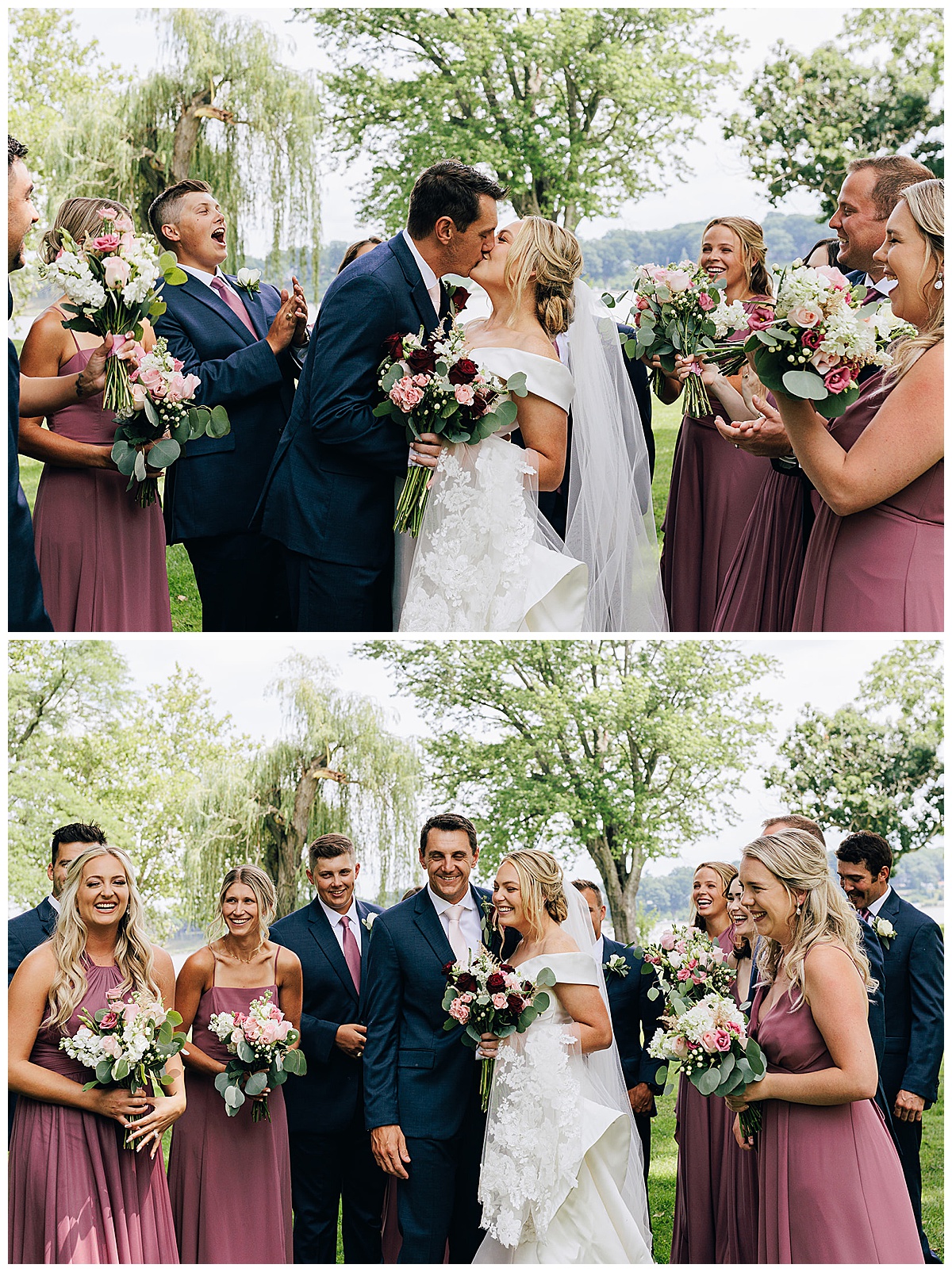 Bridal party smiles and laughs with couple at Toledo country club.