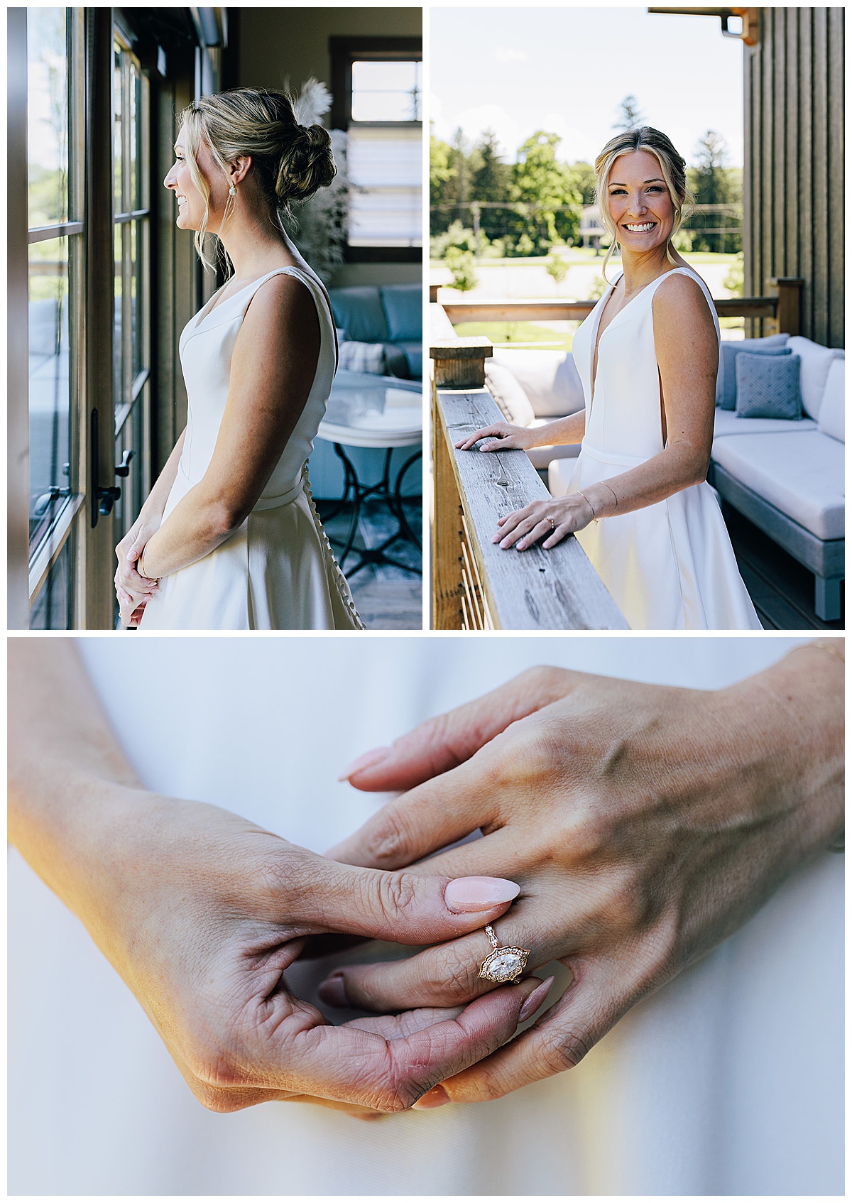 Beautiful bride in dress and adjusting ring at Black River Barn South Haven