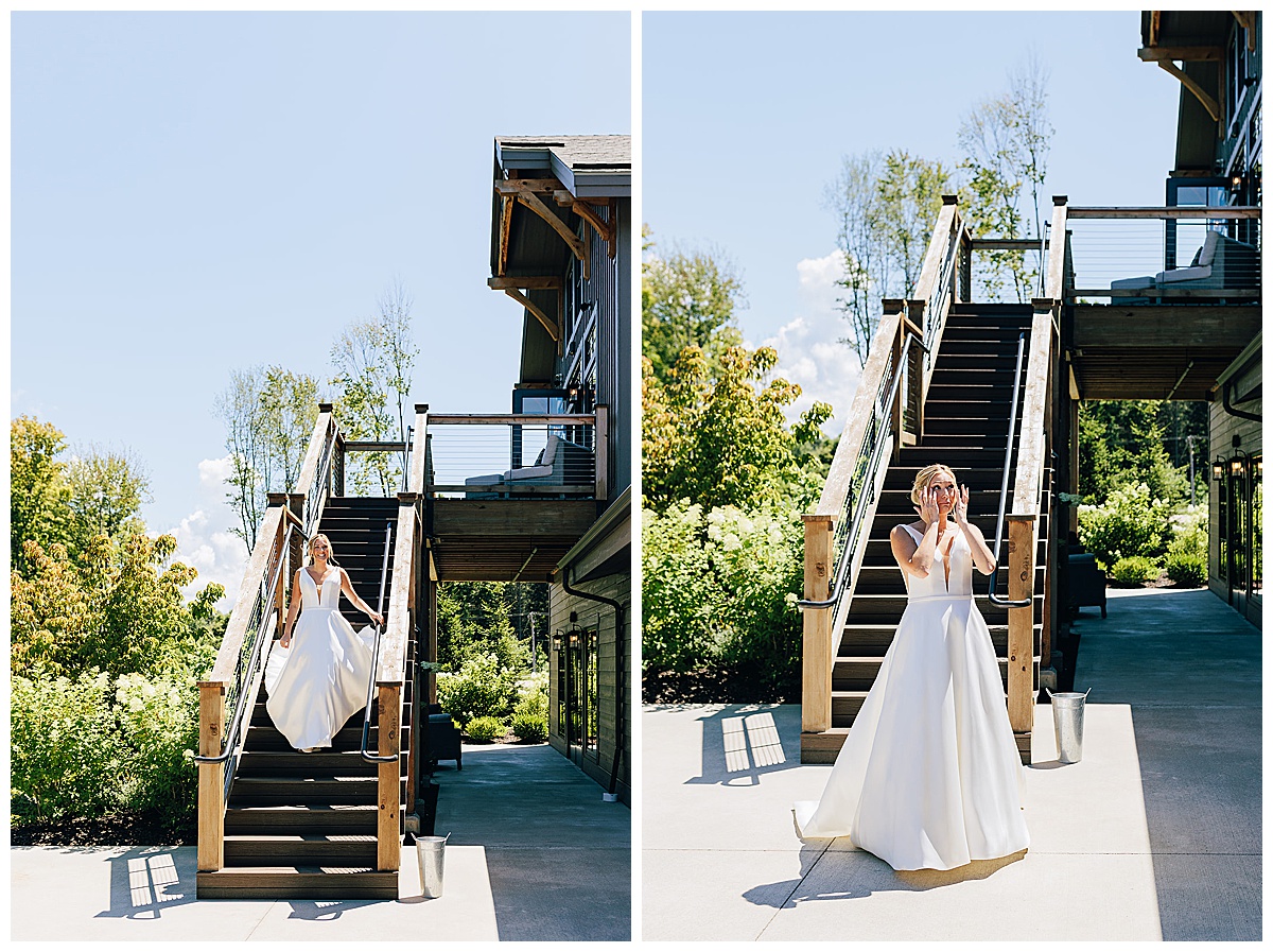 Woman in gown walks down stairs for Detroit Wedding Photographer