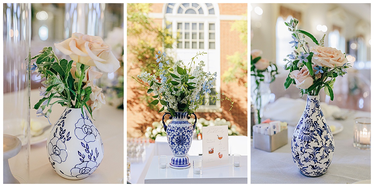 flowers in blue and white vases for 2022 Wedding Superlatives