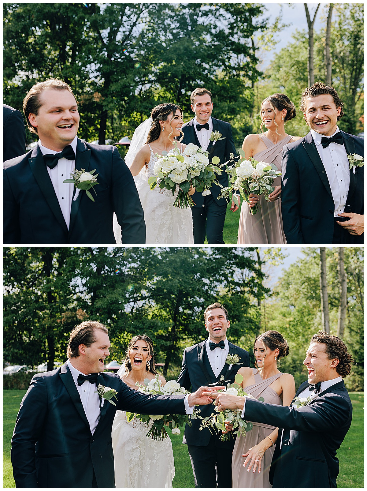 Bride and groom laugh and smile with attendants for Charming Michigan Wedding