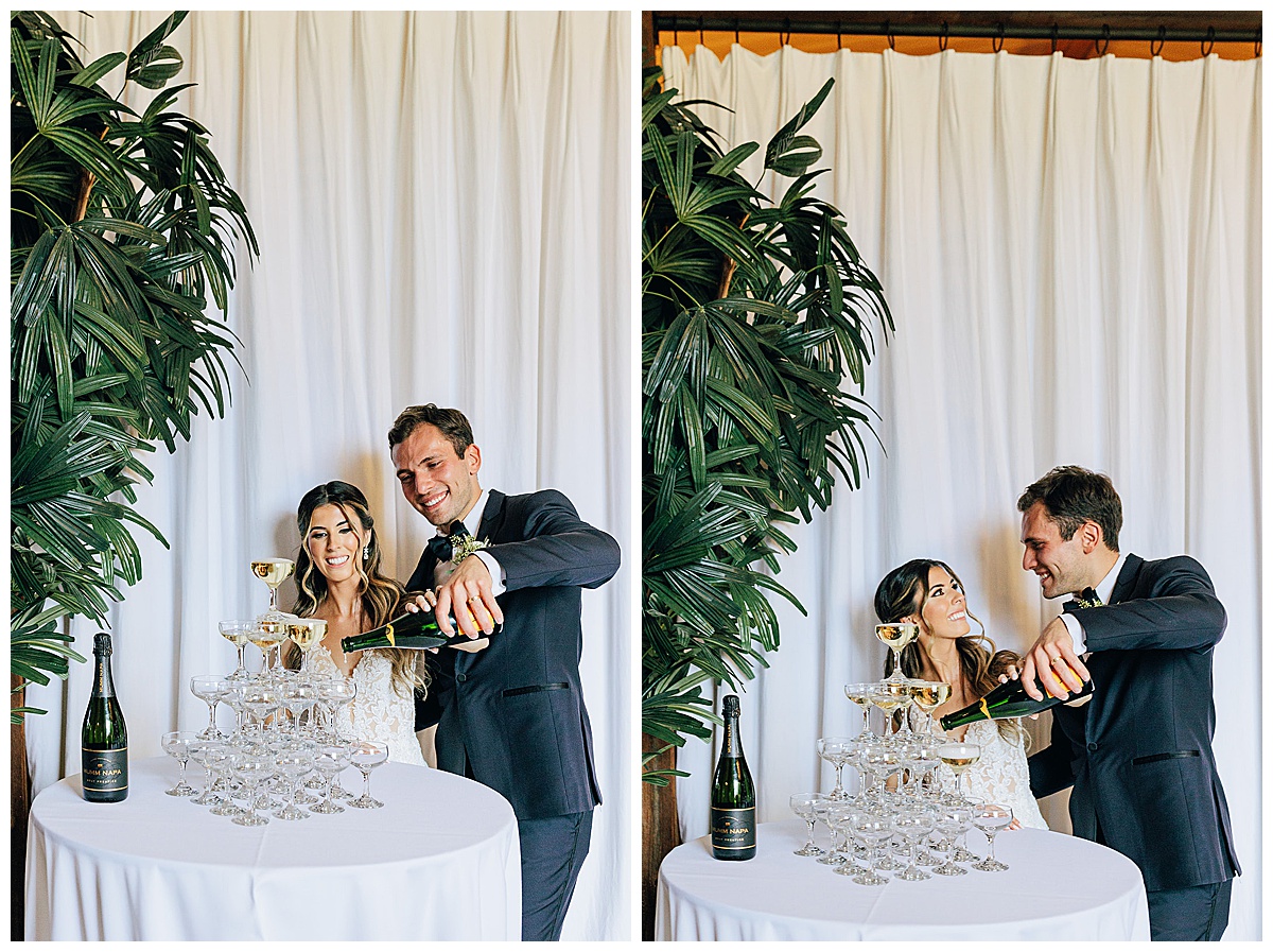 Married couple enjoy champagne tower for Kayla Bouren Photography