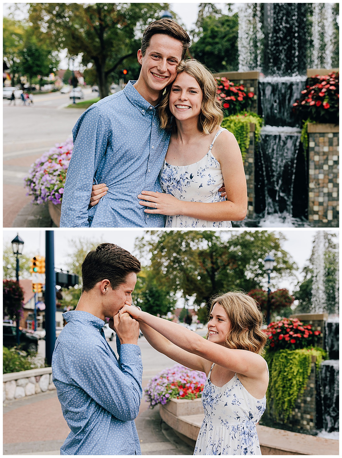 Future groom holds future bride close after Zehnder’s Fountain Proposal