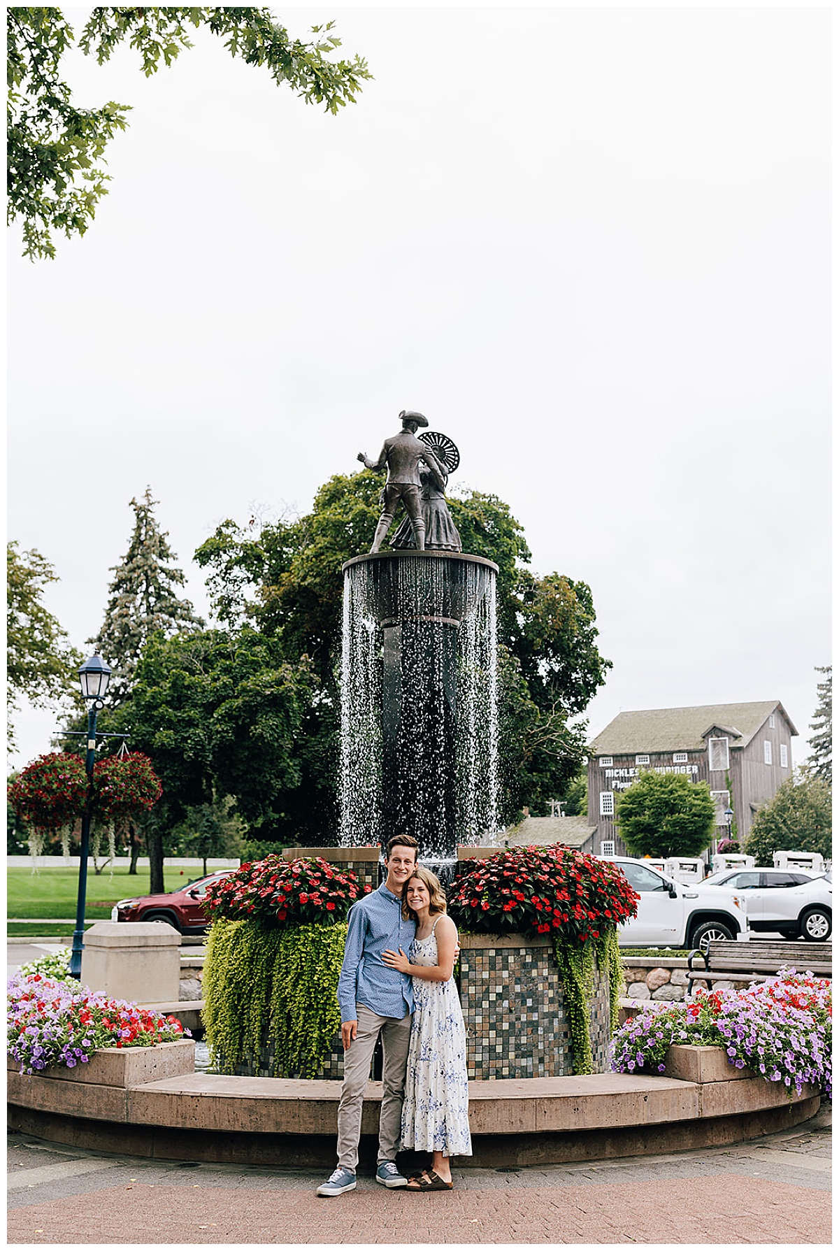 Soon to be husband and wife stand together after Zehnder’s Fountain Proposal