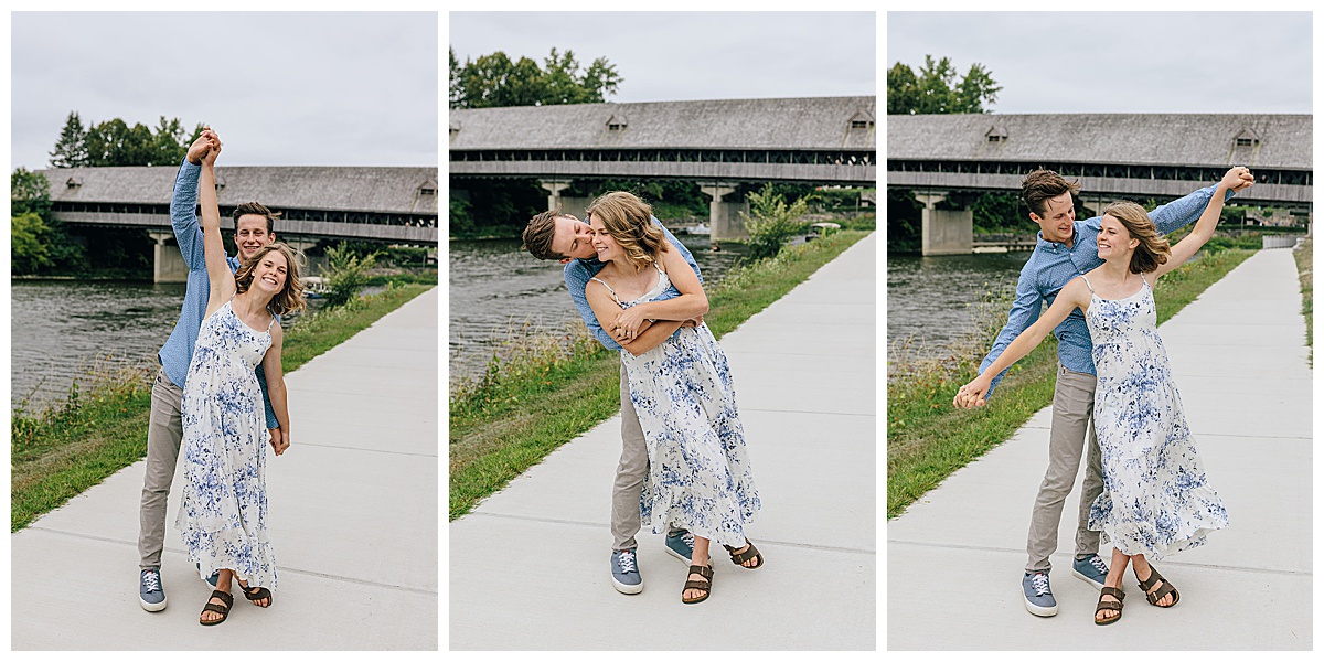 Bride to be swings arms with guy for Kayla Bouren Photography