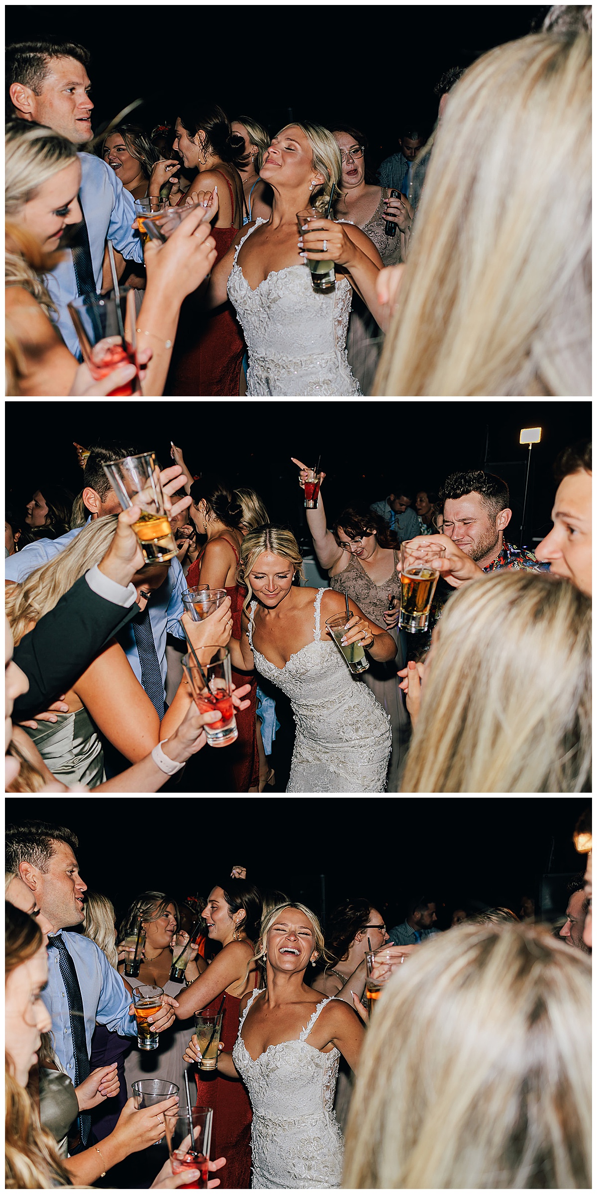 Bride enjoys dance floor and drinks on Ovation Yacht Charter