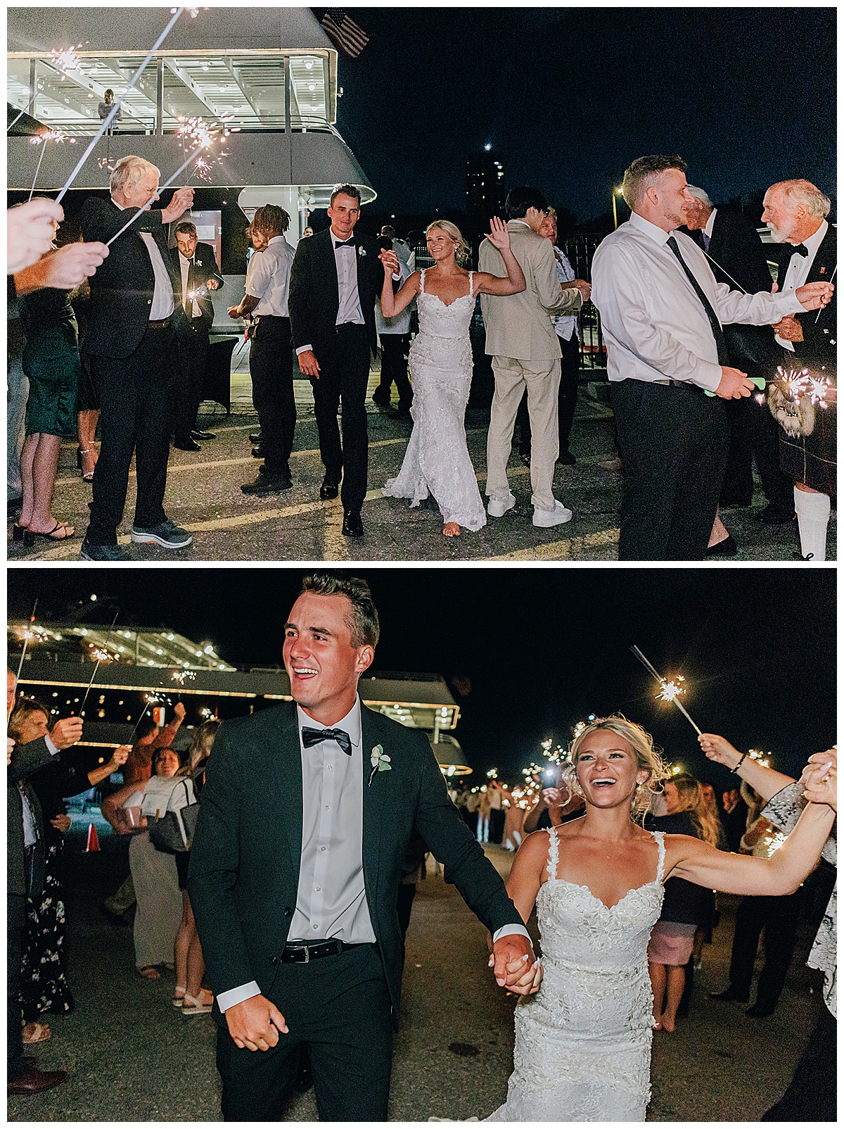 Bride and groom run through sparkler exit together for Kayla Bouren Photography