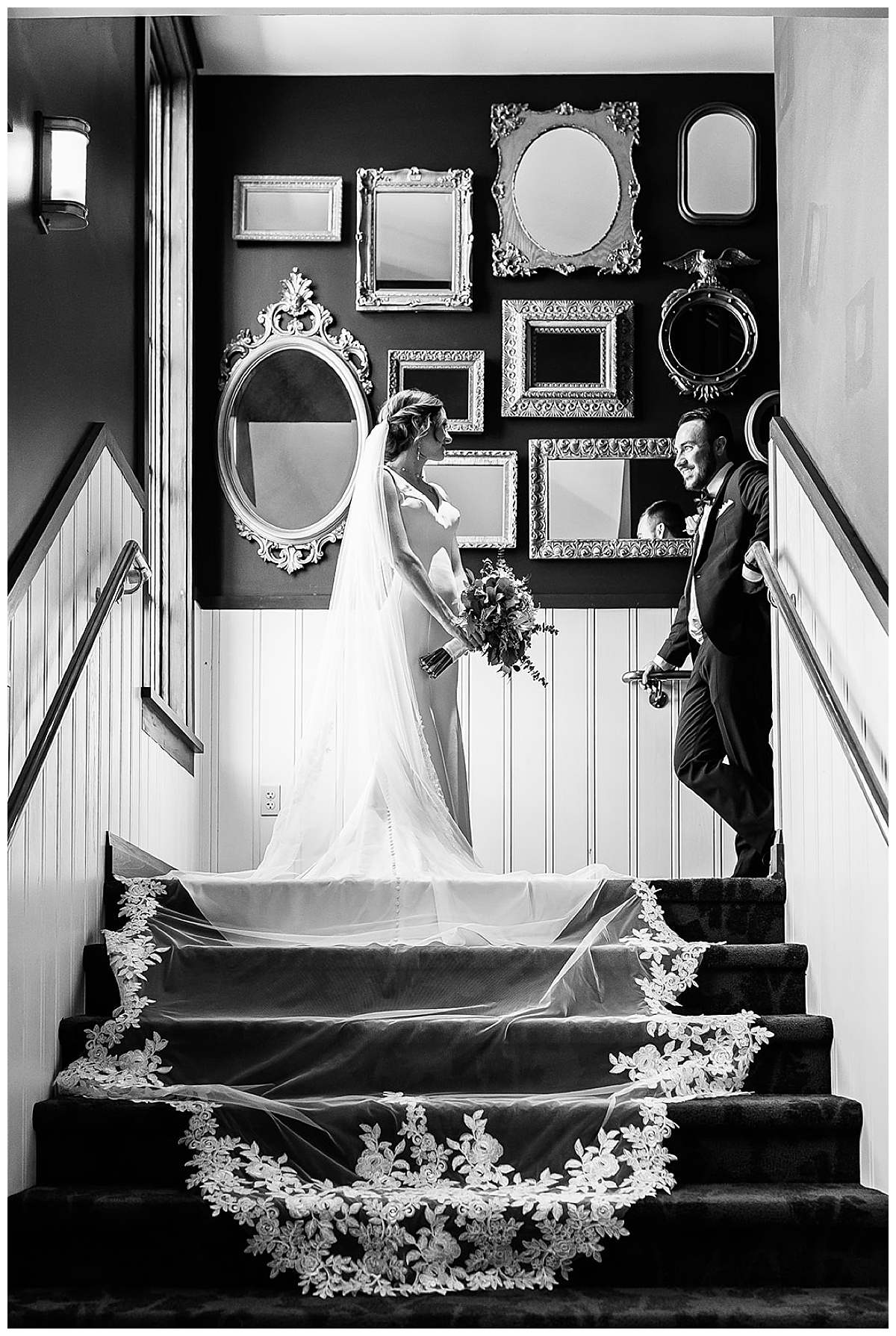 Beautiful bride and groom on staircase for Detroit Wedding Photographer