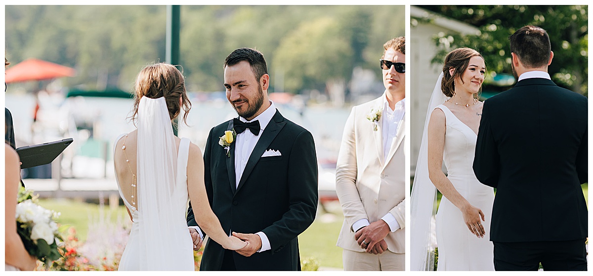 Man and woman smile at each other during ceremony for Detroit Wedding Photographer