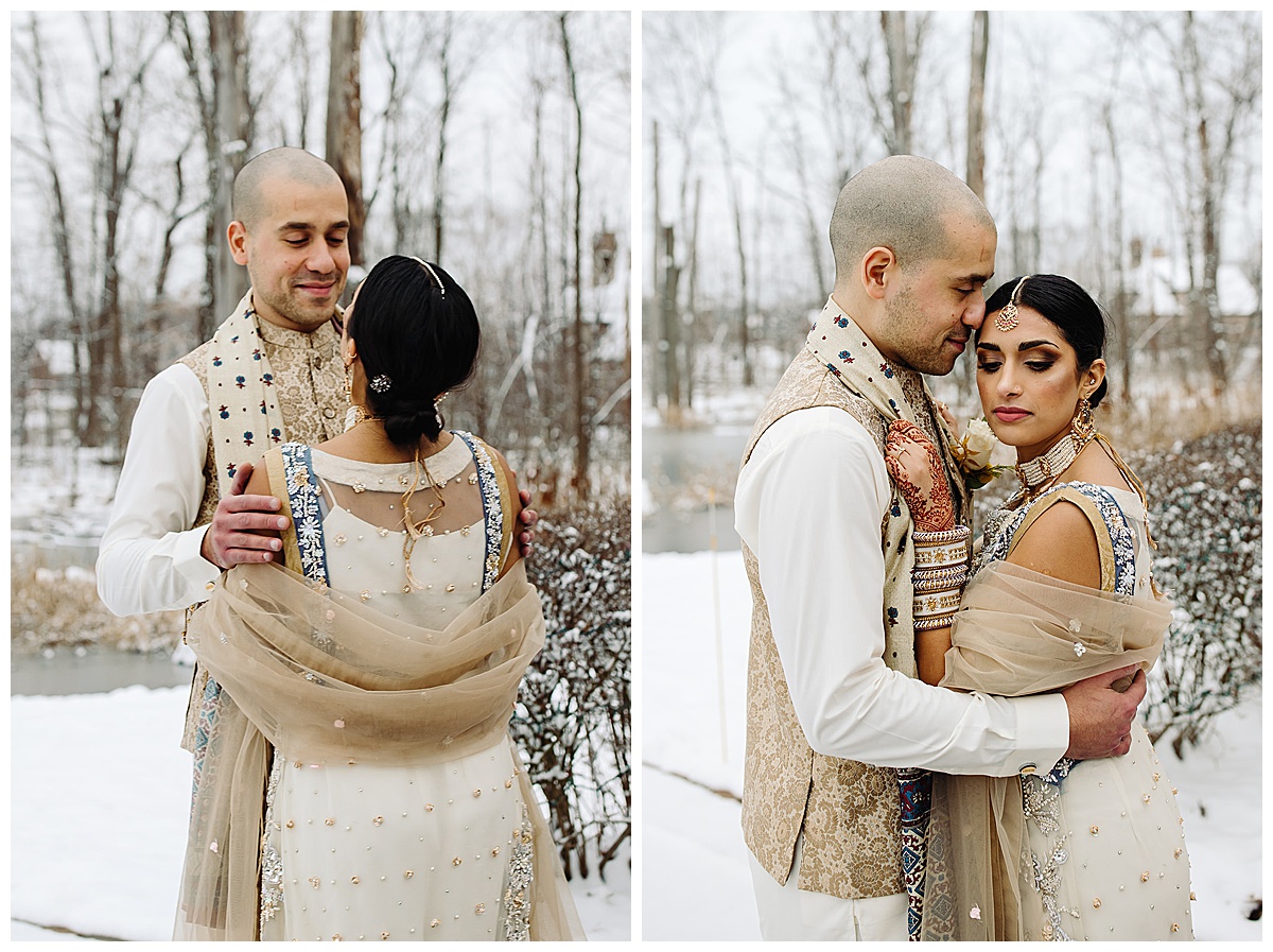 Couple stands in snow together for Kayla Bouren Photography