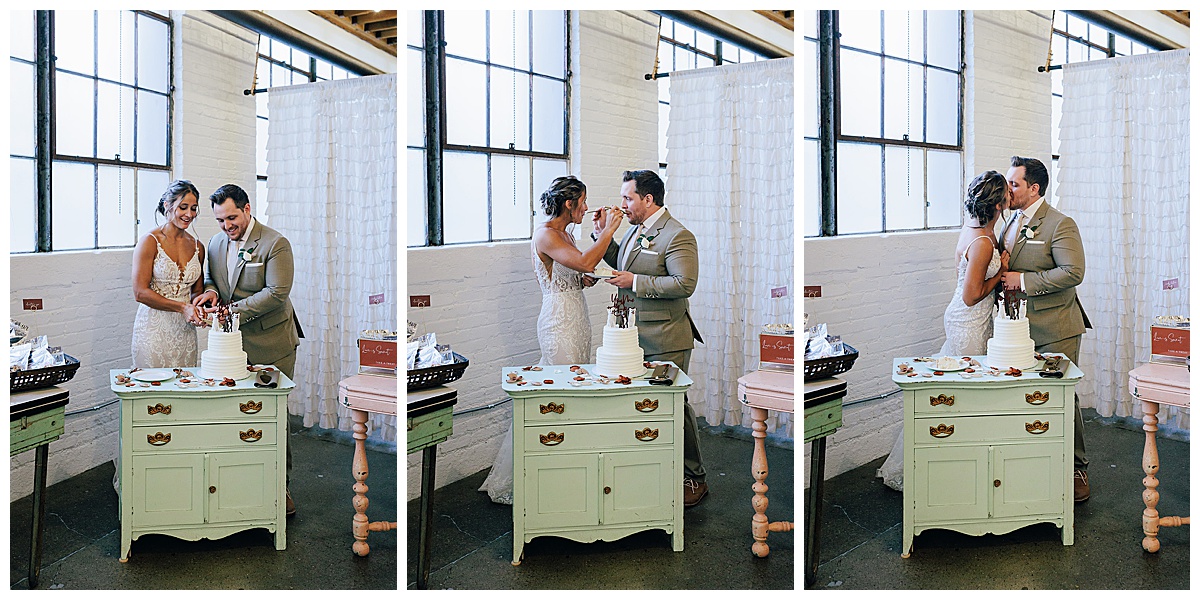 Couple cuts the wedding cake for Kayla Bouren Photography