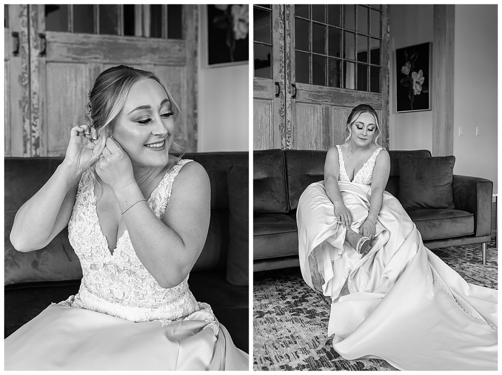 Bride adjusting shoes and earrings for Kayla Bouren Photography