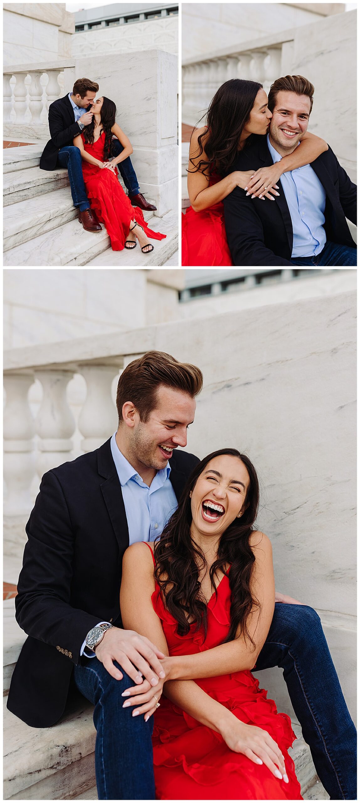 Lady and Gentleman hug and kiss on steps for Kayla Bouren Photography