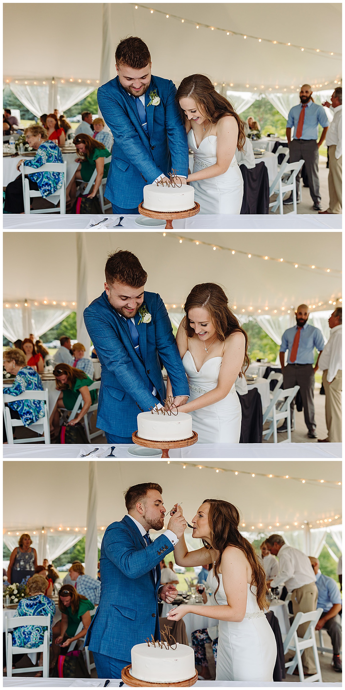 Couple cuts and enjoys the wedding cake for Kayla Bouren Photography