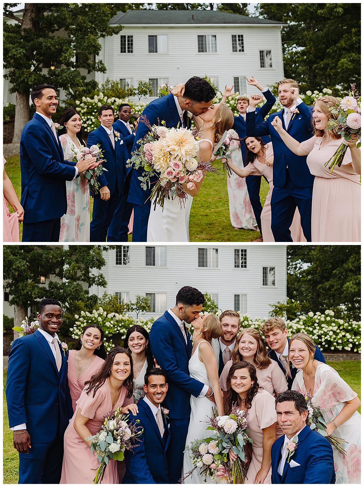 Husband and wife kiss with wedding party celebrating for Kayla Bouren Photography