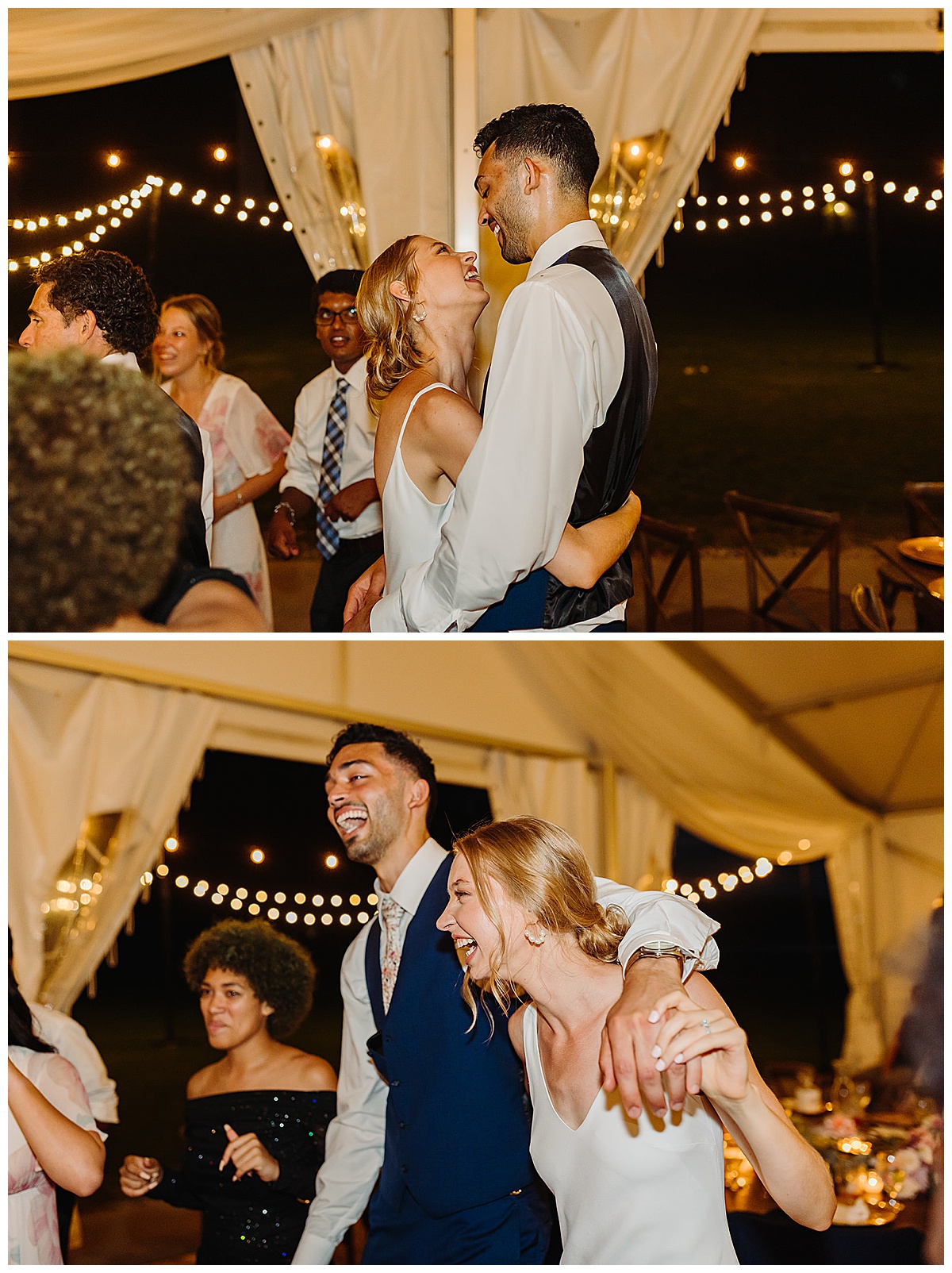 Couple smiles and laughs on the dancefloor at Walden Woods