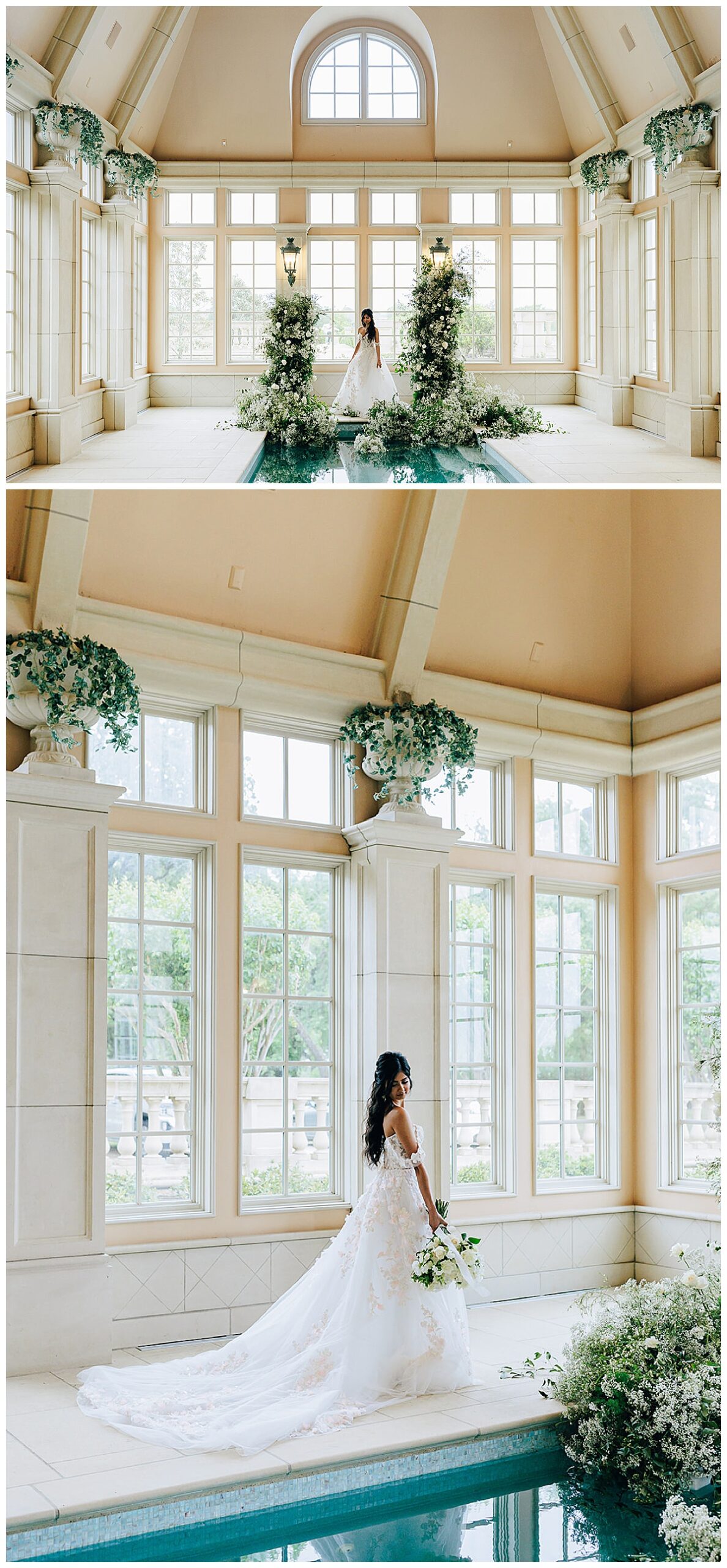 Making The Switch To Full-Day Wedding Packages to capture moments like this bride walking by arch decor and venue swimming pool