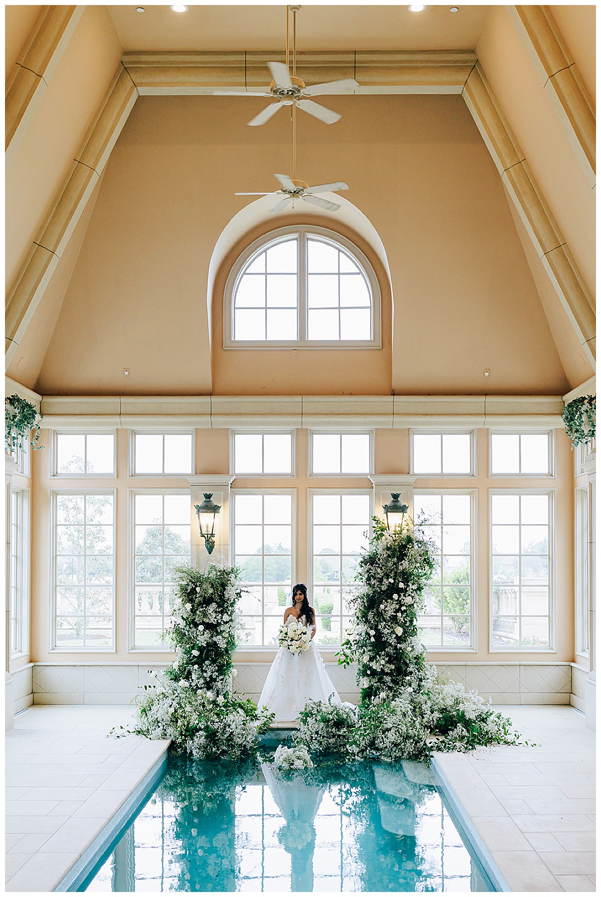 Stunning floral install by swimming pool for Detroit Wedding Photographer