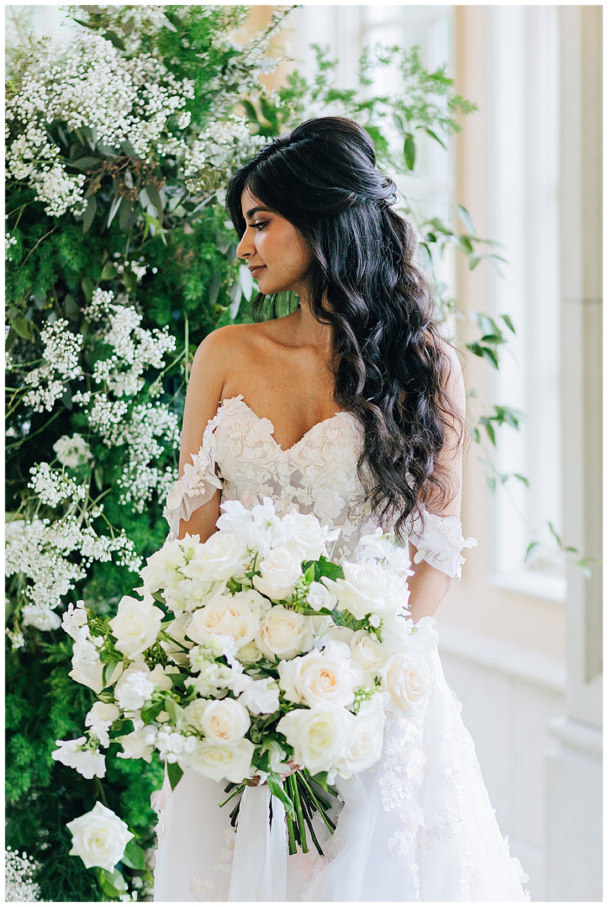 Gorgeous bride holds bridal bouquet for Kayla Bouren Photography