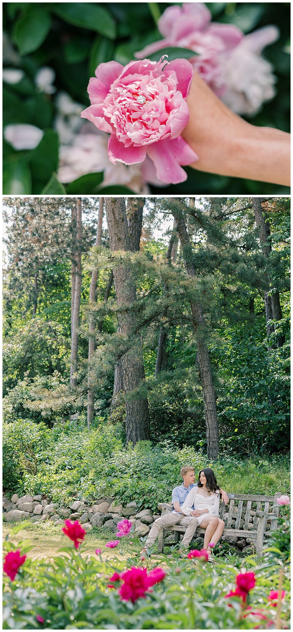 Couple sit in beautiful garden with gorgeous pink flowers for Kayla Bouren Photography