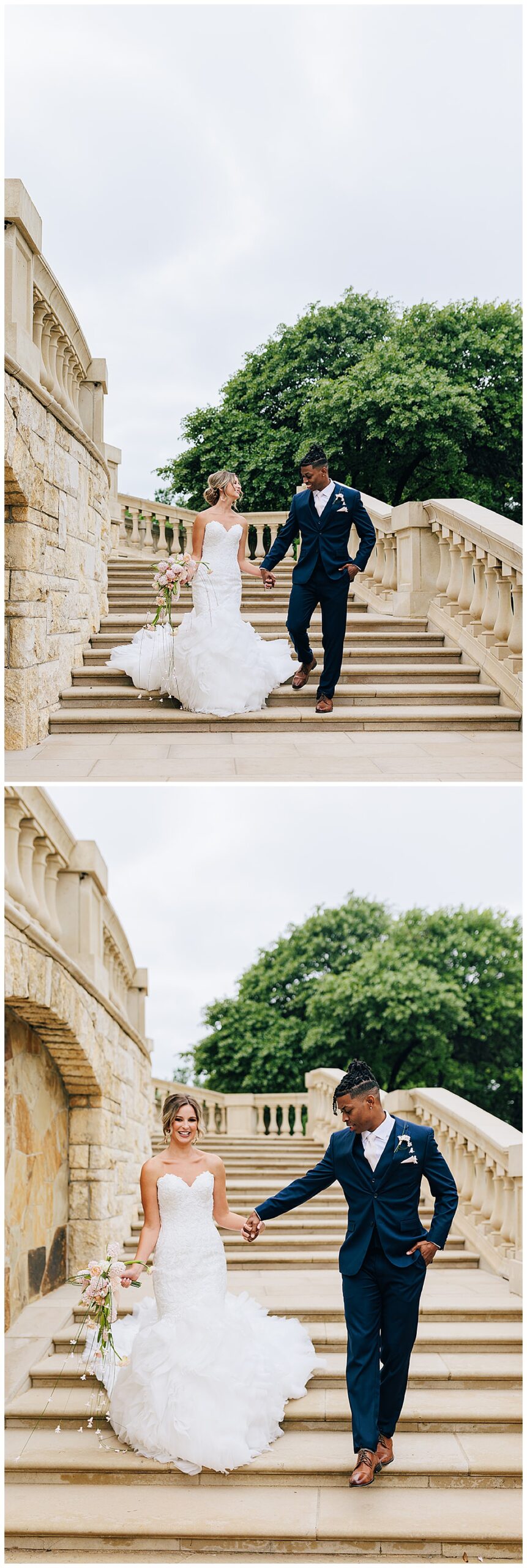 Woman and man walk hand in hand down the stairs for Detroit Wedding Photographer 