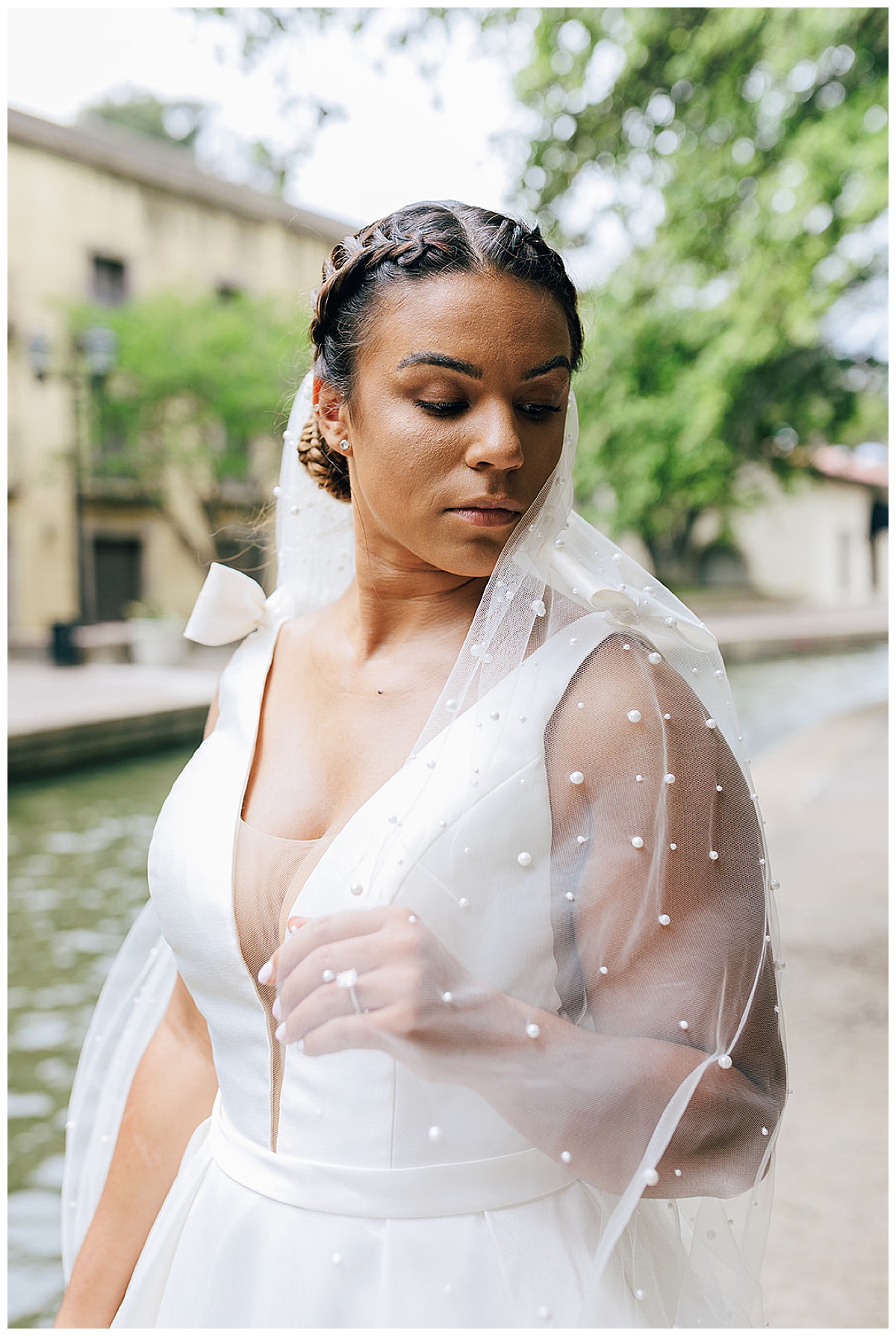 Gorgeous wedding veil is detailed with pearls for Mandalay Canal Elopement