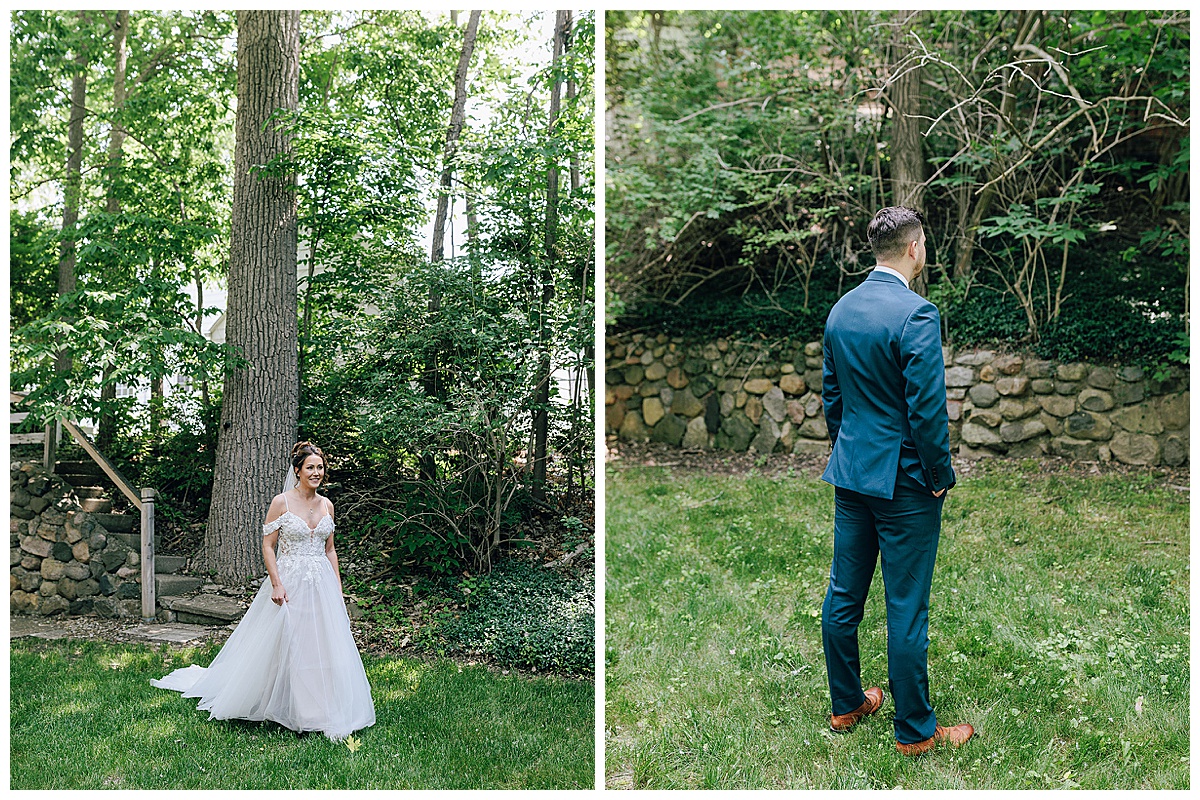 Bride and groom participate in first look at their Holly, Michigan Wedding Venue 