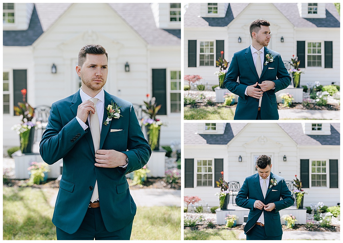 Groom adjust suit and tie for Detroit Wedding Photographer