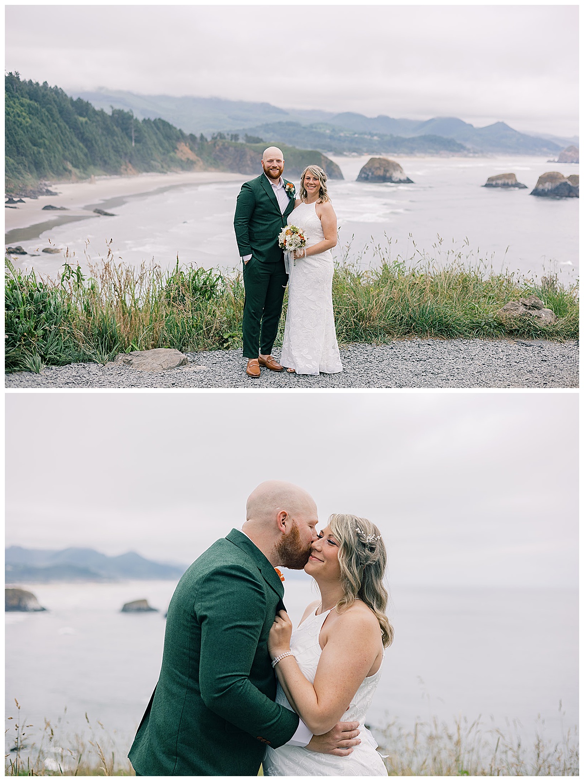 Husband and wife share a hug and kiss for Cannon Beach, Oregon, wedding