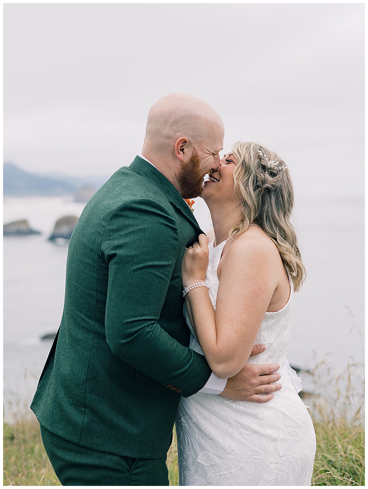 Man and woman share a kiss for Cannon Beach, Oregon, wedding