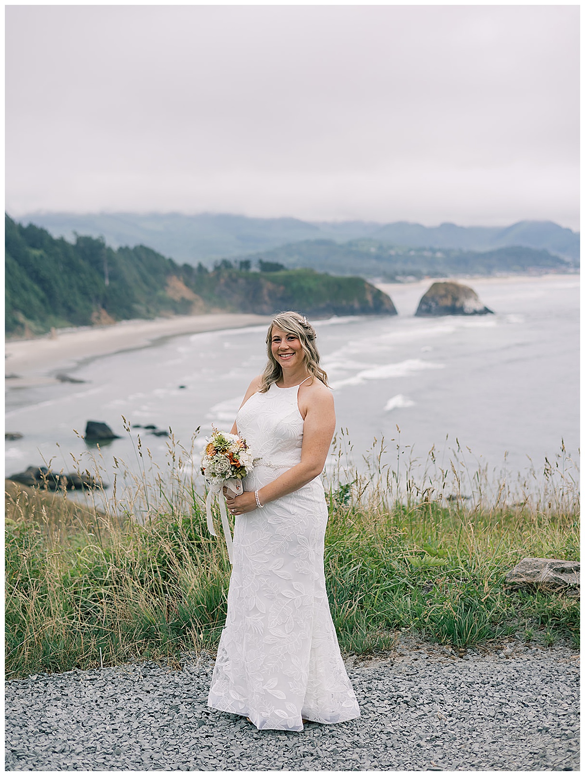 Bride smiles and holds bouquet for Cannon Beach, Oregon, wedding