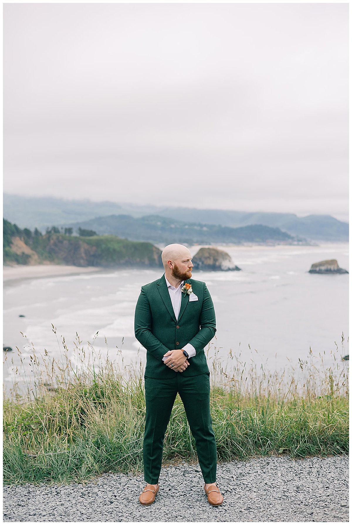 Groom turns the side and smiles big for Cannon Beach, Oregon, wedding