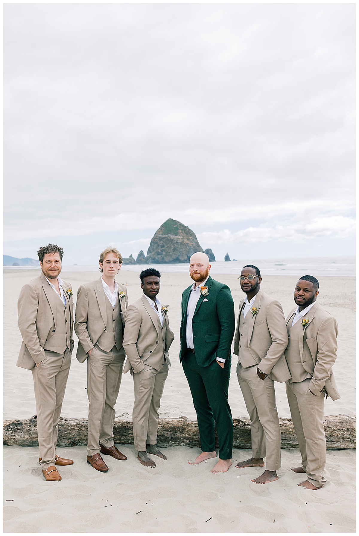 Groom stands with groomsmen for Cannon Beach, Oregon, wedding