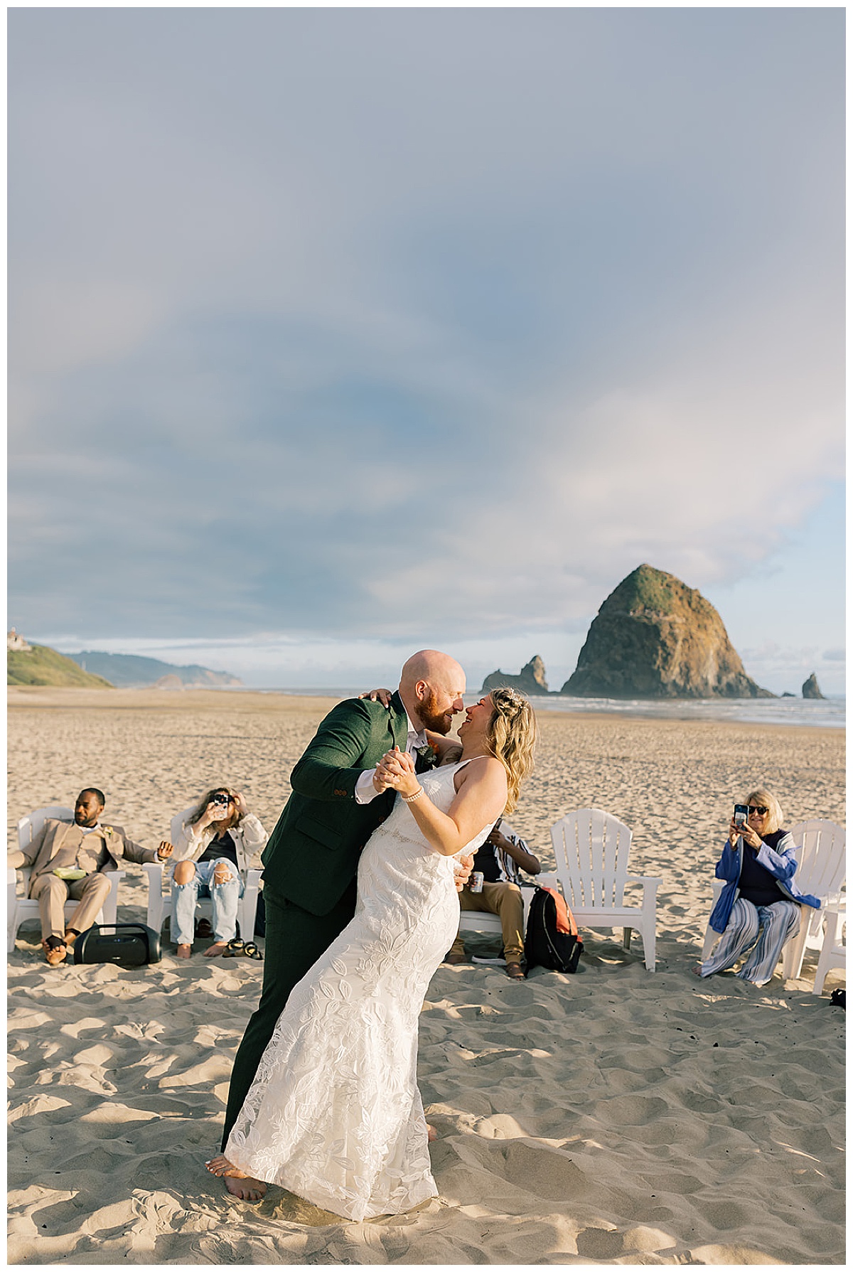 Husband and wife dance together for Cannon Beach, Oregon, wedding