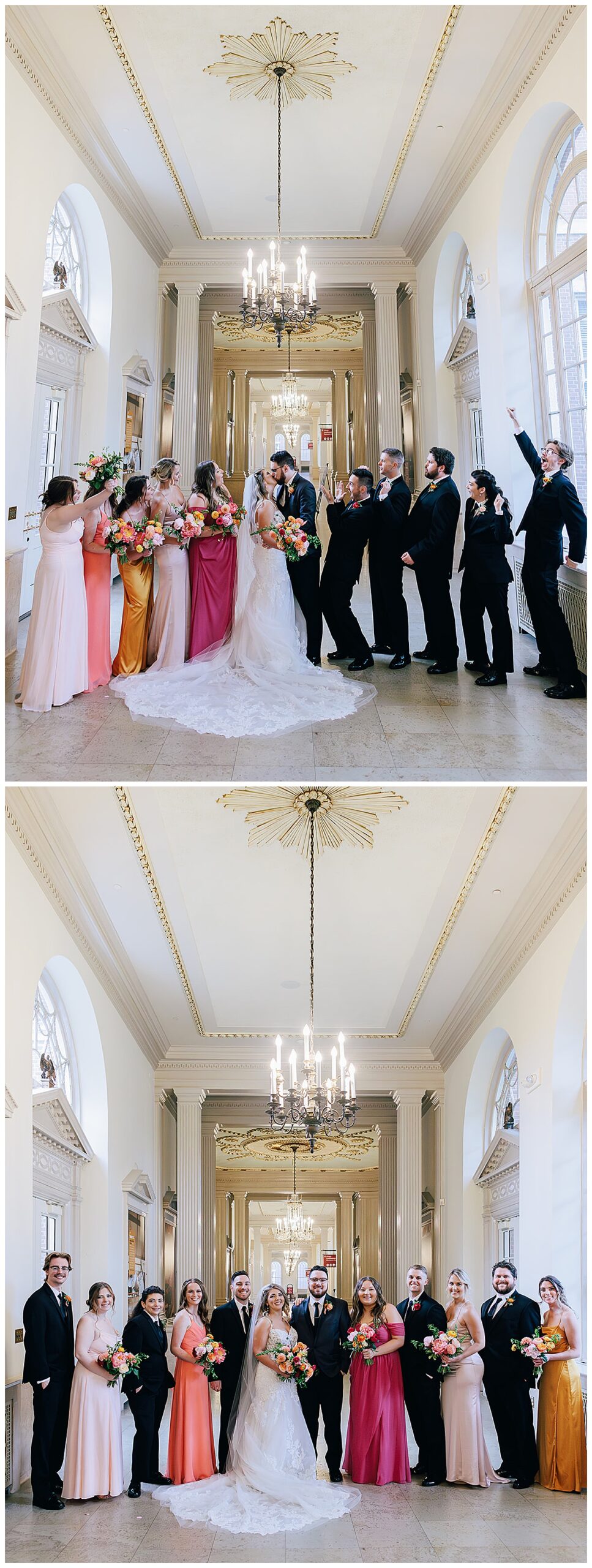 Bride and groom stand together with wedding party for Kayla Bouren Photography