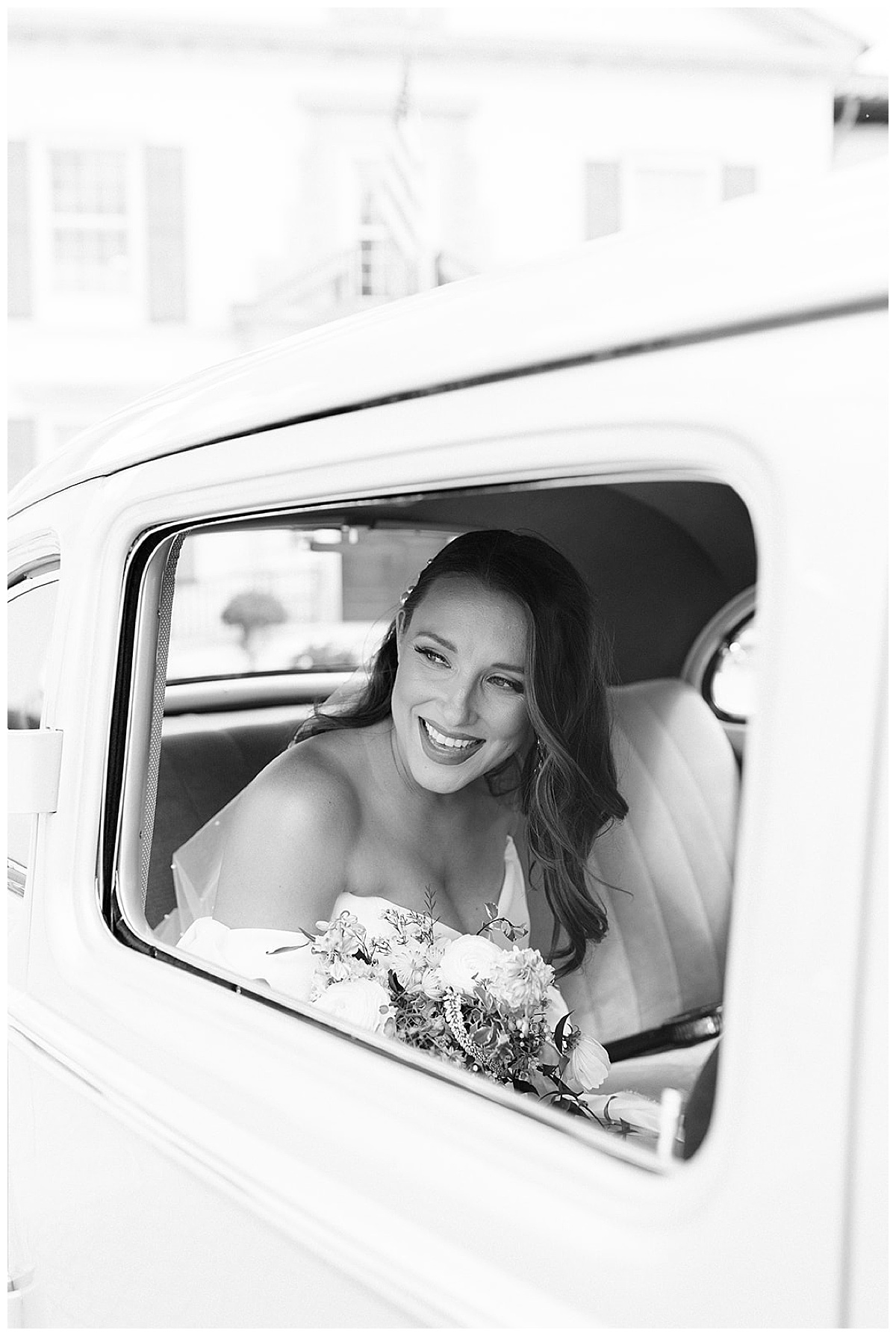 Bride smiles big in vintage car during War Memorial Editorial