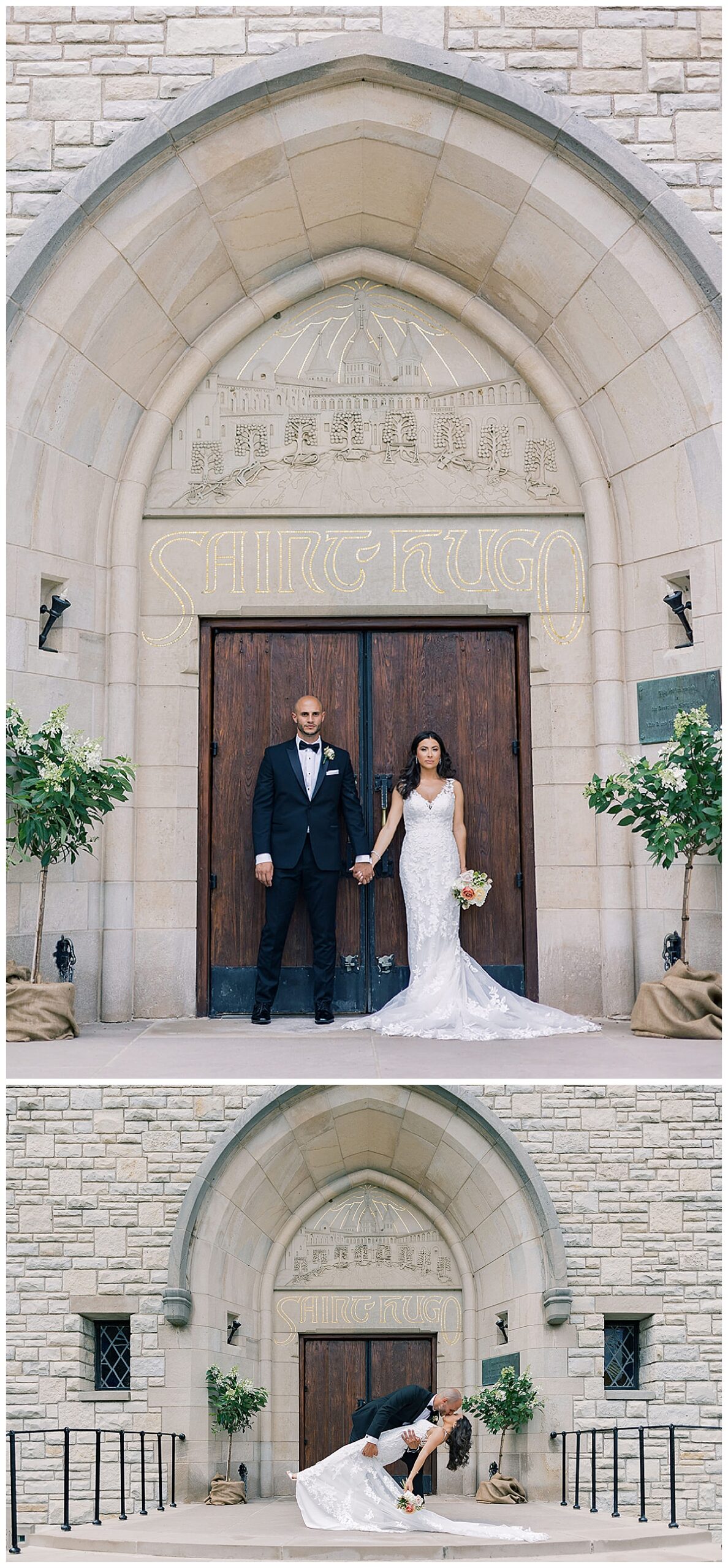 Couple stand in front of church for Kayla Bouren Photography
