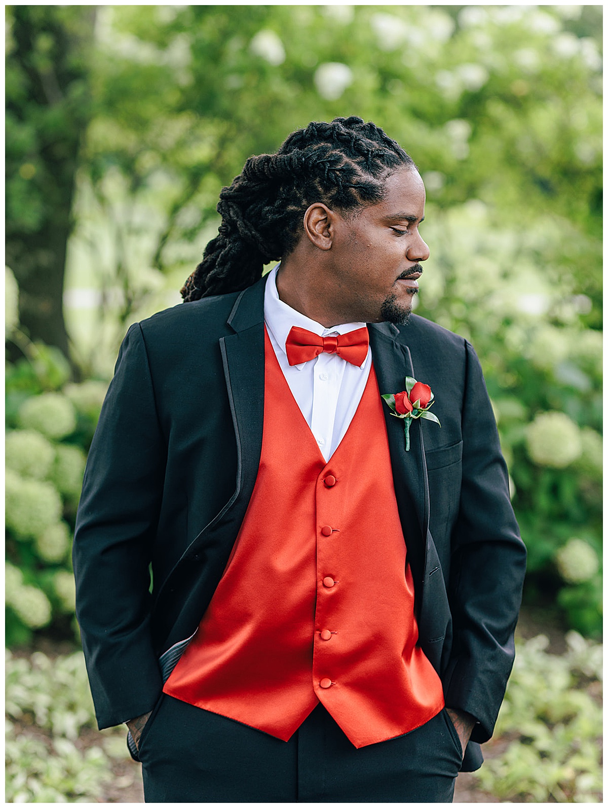 Red detail son grooms tux for Kayla Bouren Photography